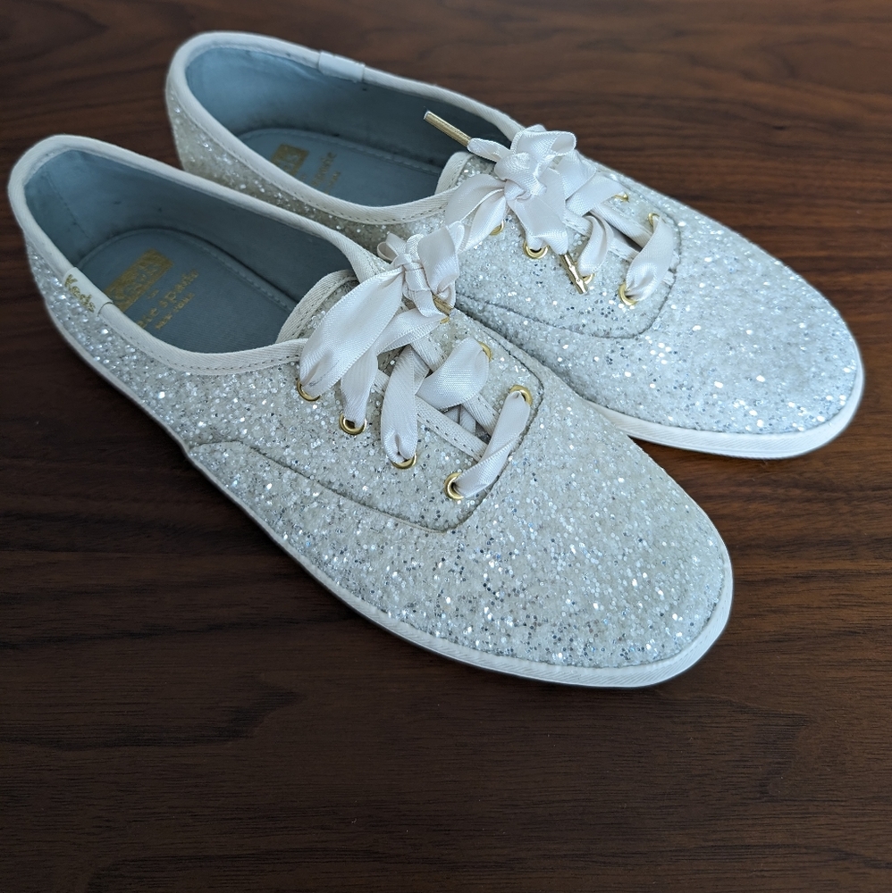 Kate Spade Keds Silver Cream Glitter Shoes Sz 7.5